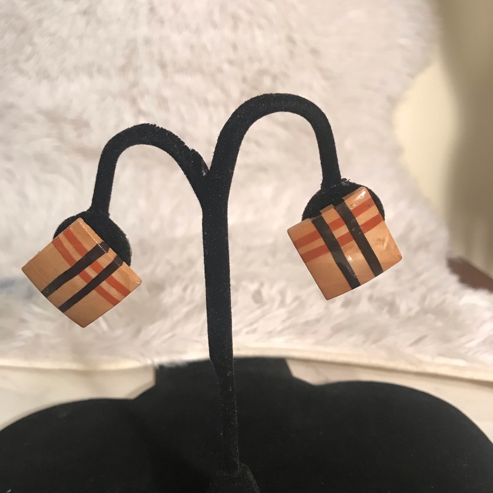 Plaid earrings red, black, and beige (wood)